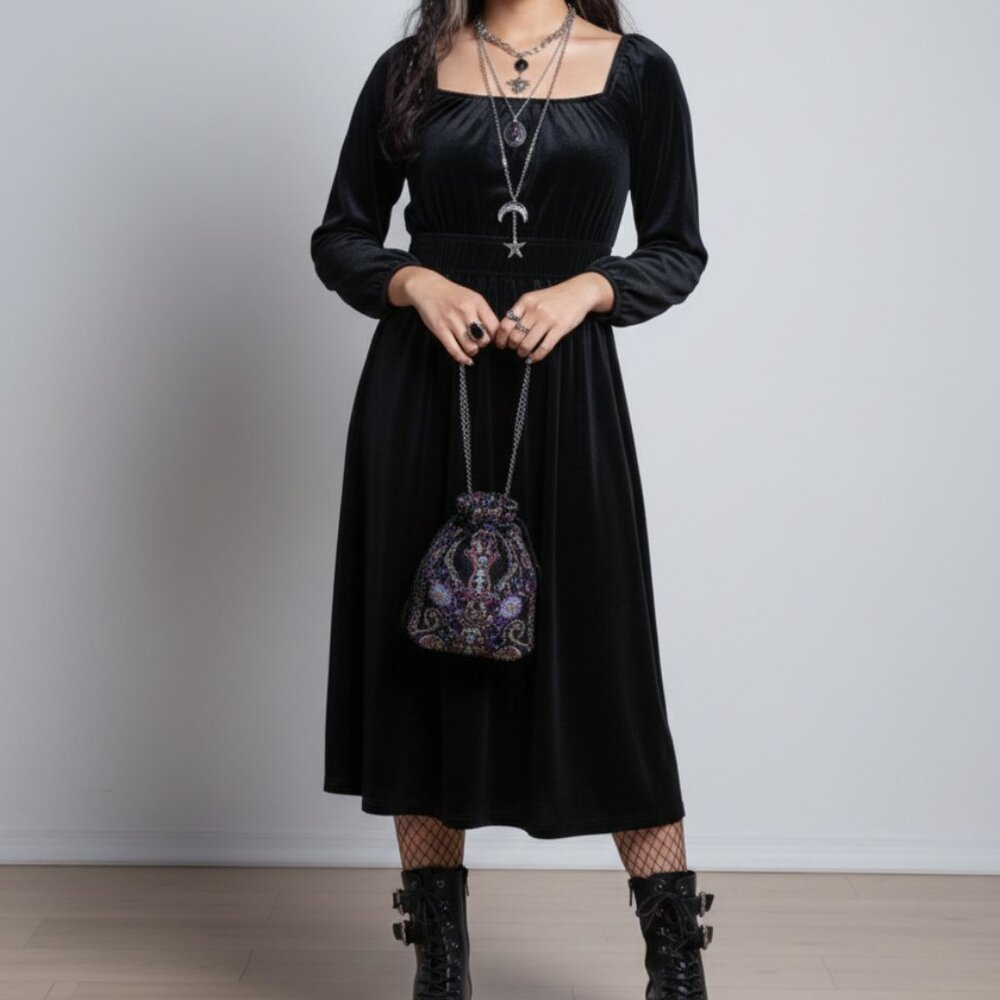 Celebrity Pink Black Velvet Dress Smocked Square Neck Whimsigoth Coquette